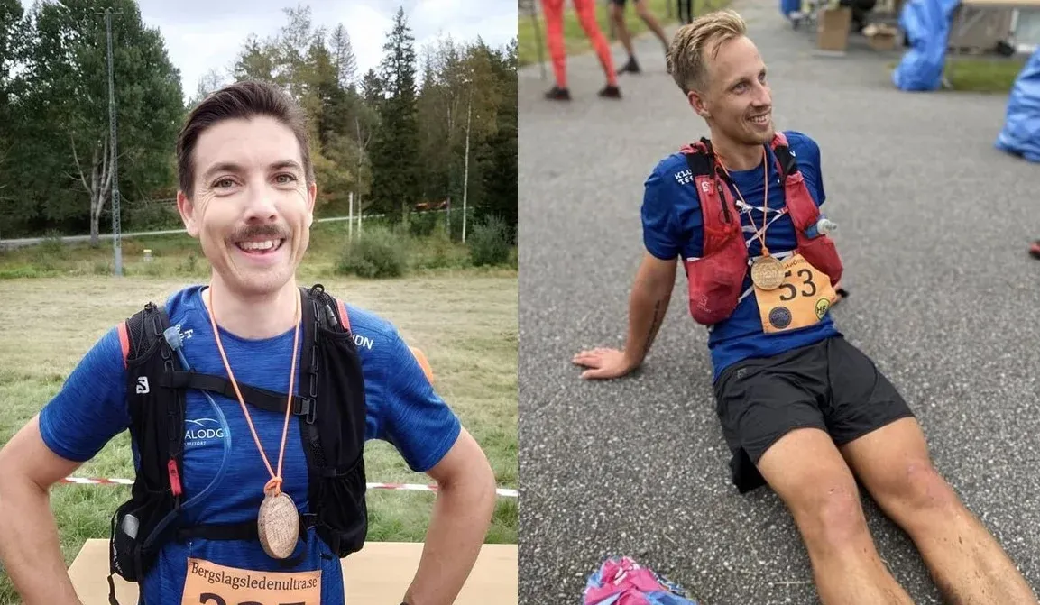 Två löpare efter Bergslagsleden Ultra. Medaljer och glada miner!