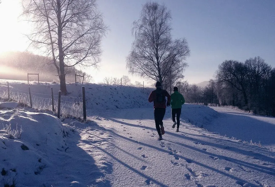 Två löpare på en snöig stig under Bocksten TrailRun Winter.