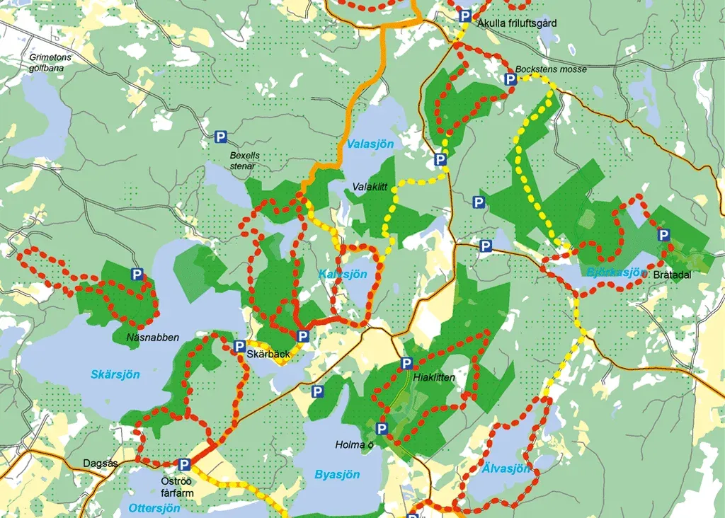 Karta över Bocksten TrailRun vinterloppet med de olika rutterna markerade.