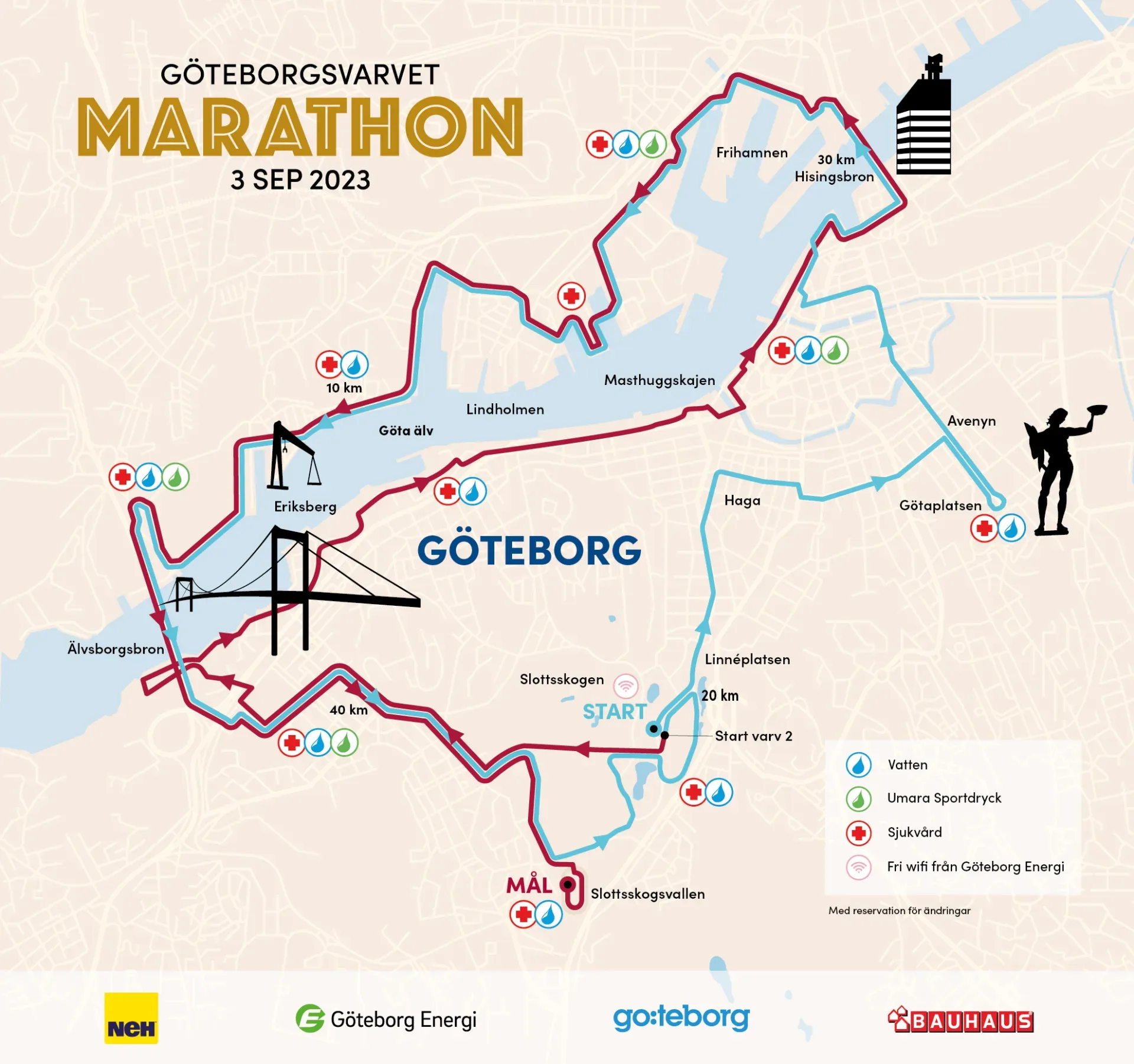 Göteborgsvarvet maratonbana med start och mål, landmärken och avstånd.