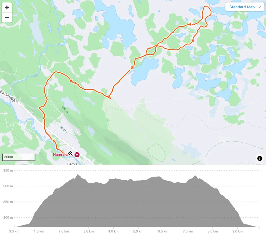 Hamra Trail Run karta och höjdprofil. Bra översikt över banan.