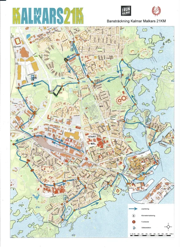 Karta över Kalmar Malkars 21km lopp.