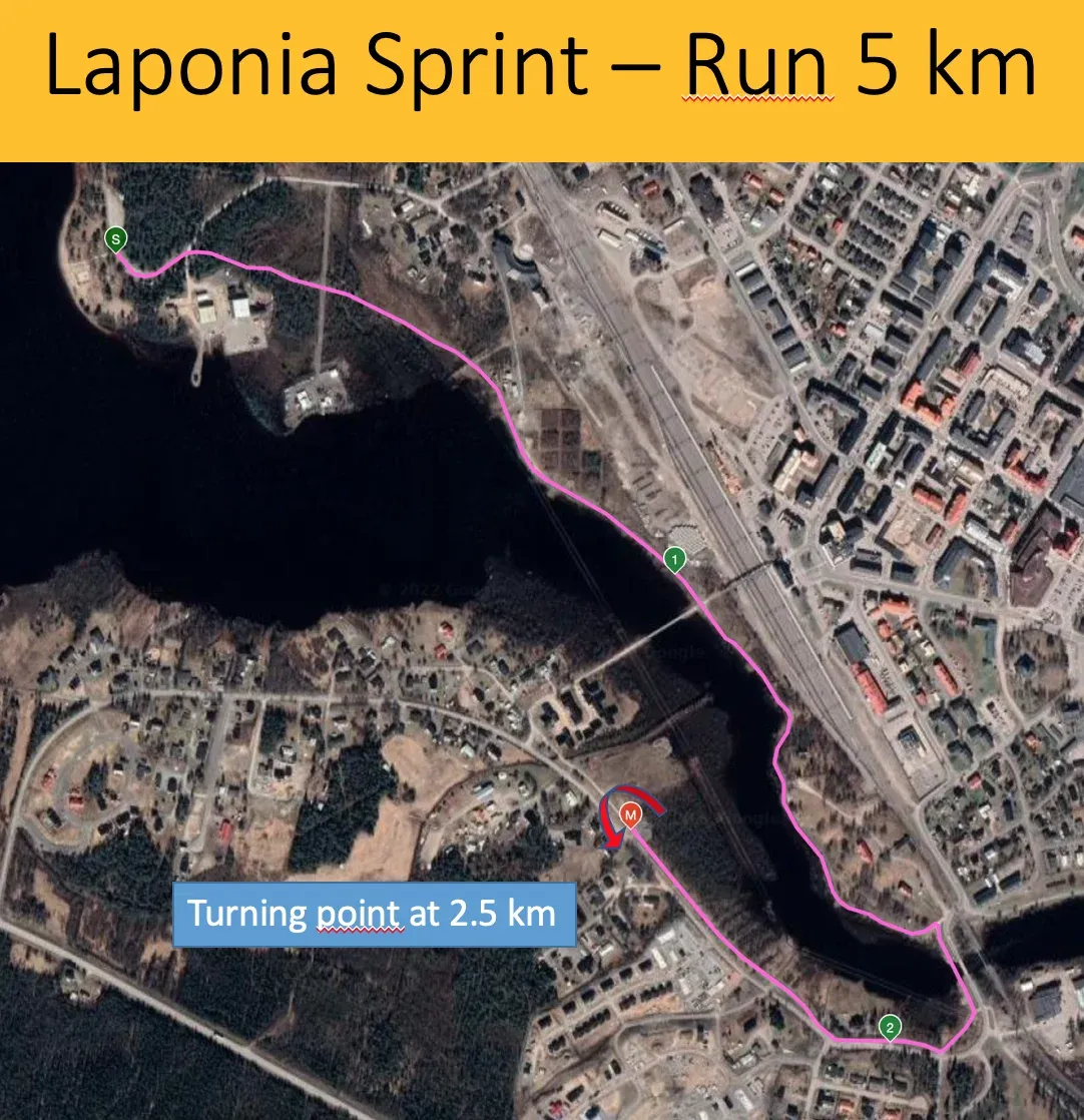 Karta över 5km löpningen i Laponia Triathlon Sprint.