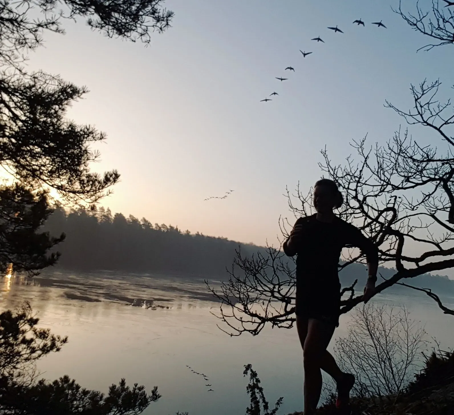 Löpare i silhuett vid sjön, naturskön vy.