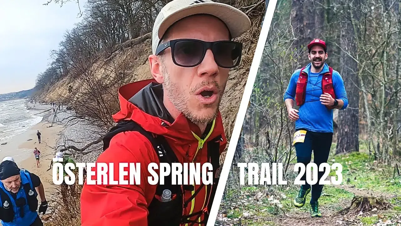 Två löpare på Österlen Spring Trail, en vid stranden och en i skogen.