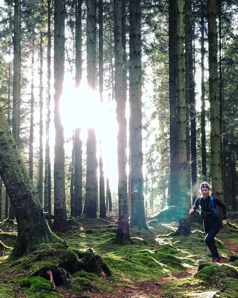 En löpare springer genom en skog under en solig vinterdag.