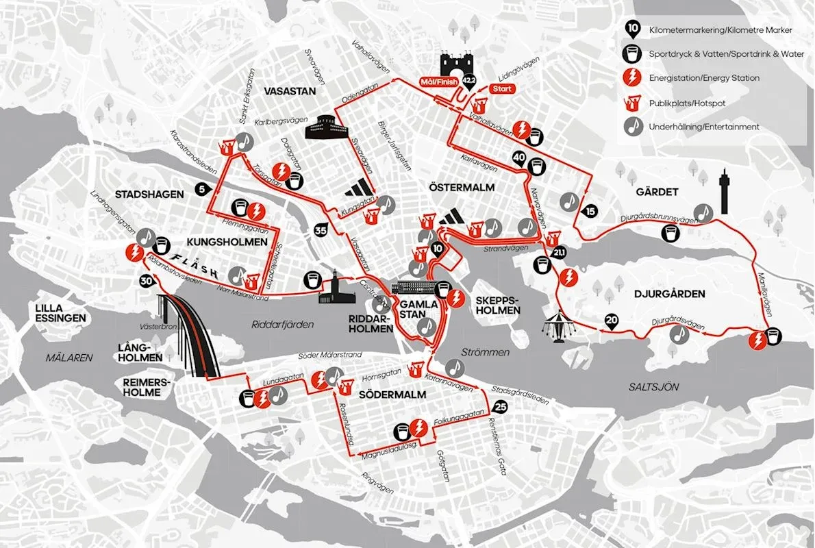 Kart över Stockholms maratonlopp, visar rutten och landmärken.