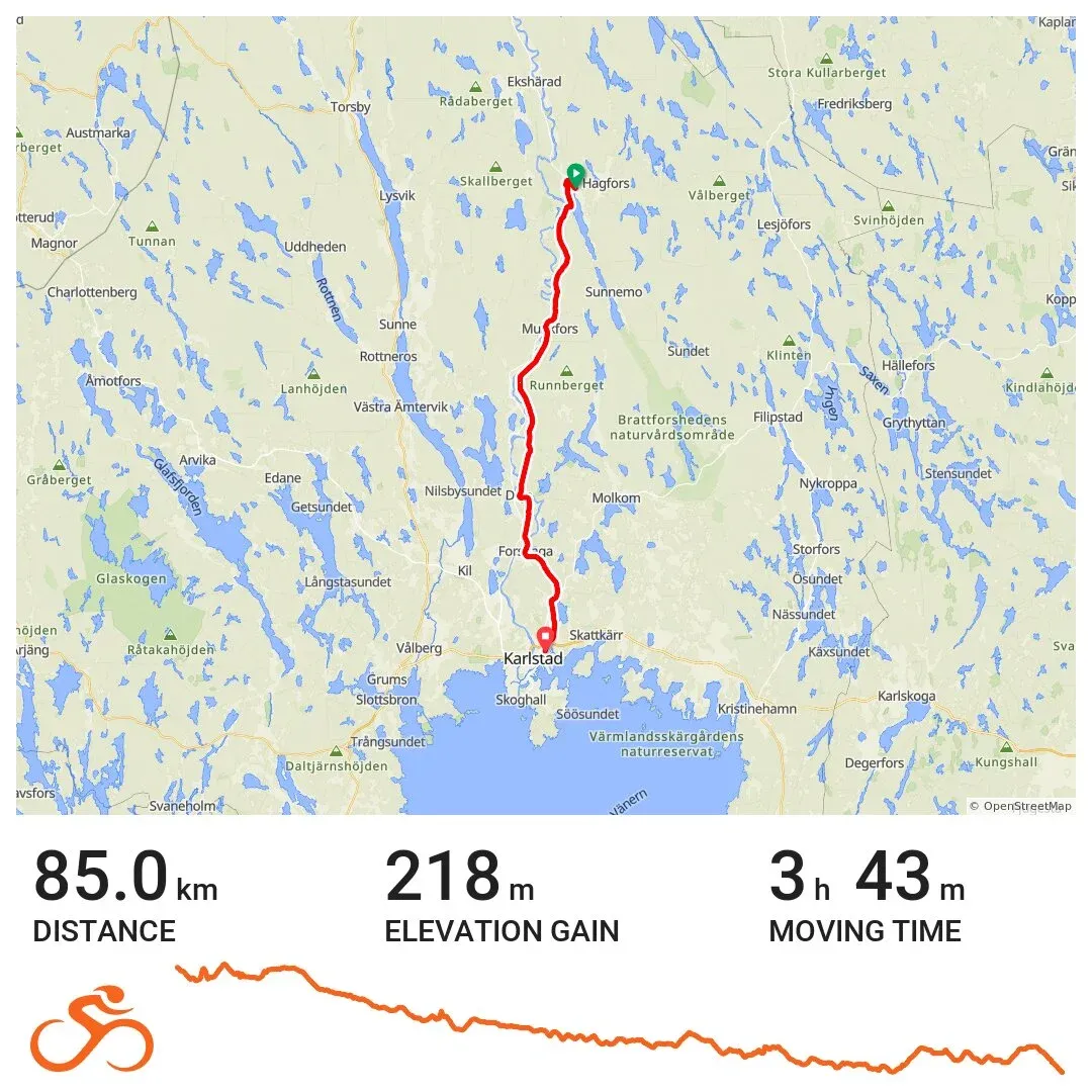 Karta över en cykelrutt med distans, höjdskillnad och tid.