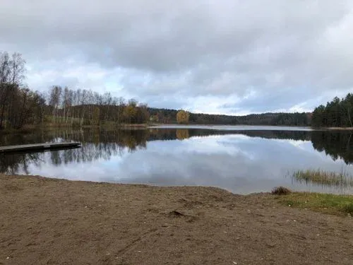 En sjö med en sandstrand och träd i bakgrunden.